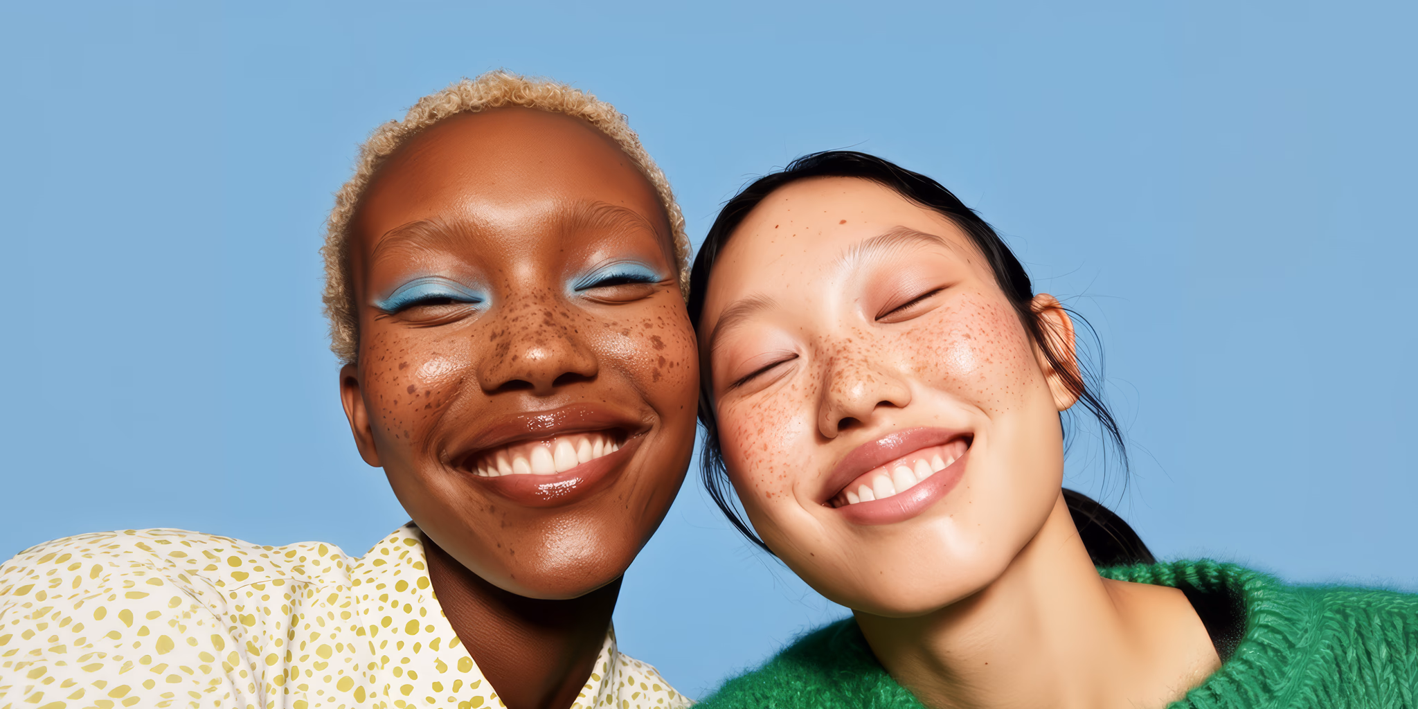 Two smiling friends on a blue background